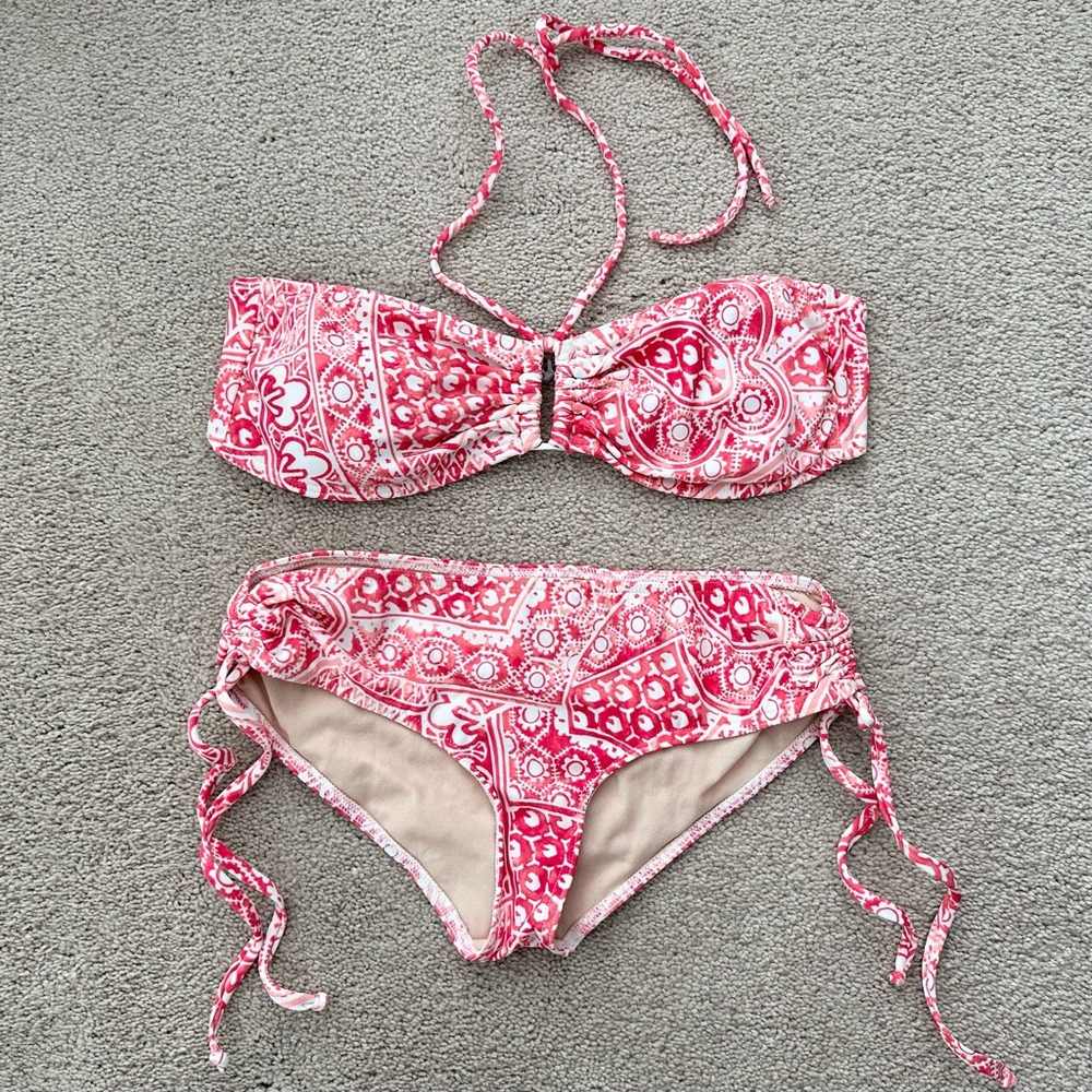 Red & White Floral Paisley Print Bandeau Bikini Set- Beach /Vacation